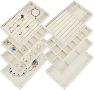 Brooch Watch, Beige 4 Styles 8 Pack Jewelry Organizer for Drawer, Necklace Velvet Storage clamor Display Tray, Stackable Insert Divided Holder for Bracelet Rings Earring 