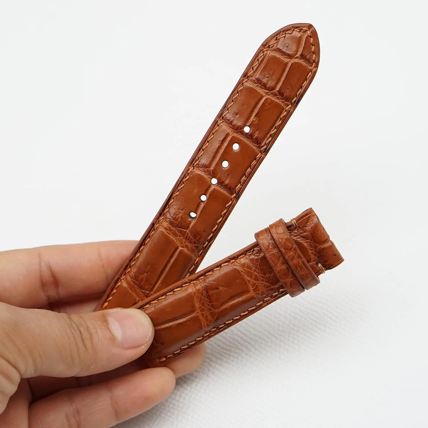 Brown Alligator watch strap, Premium Quality Alligator flexibility trumpeter brightness leather watch band (15mm, Steel Tang Buckle) Golden 