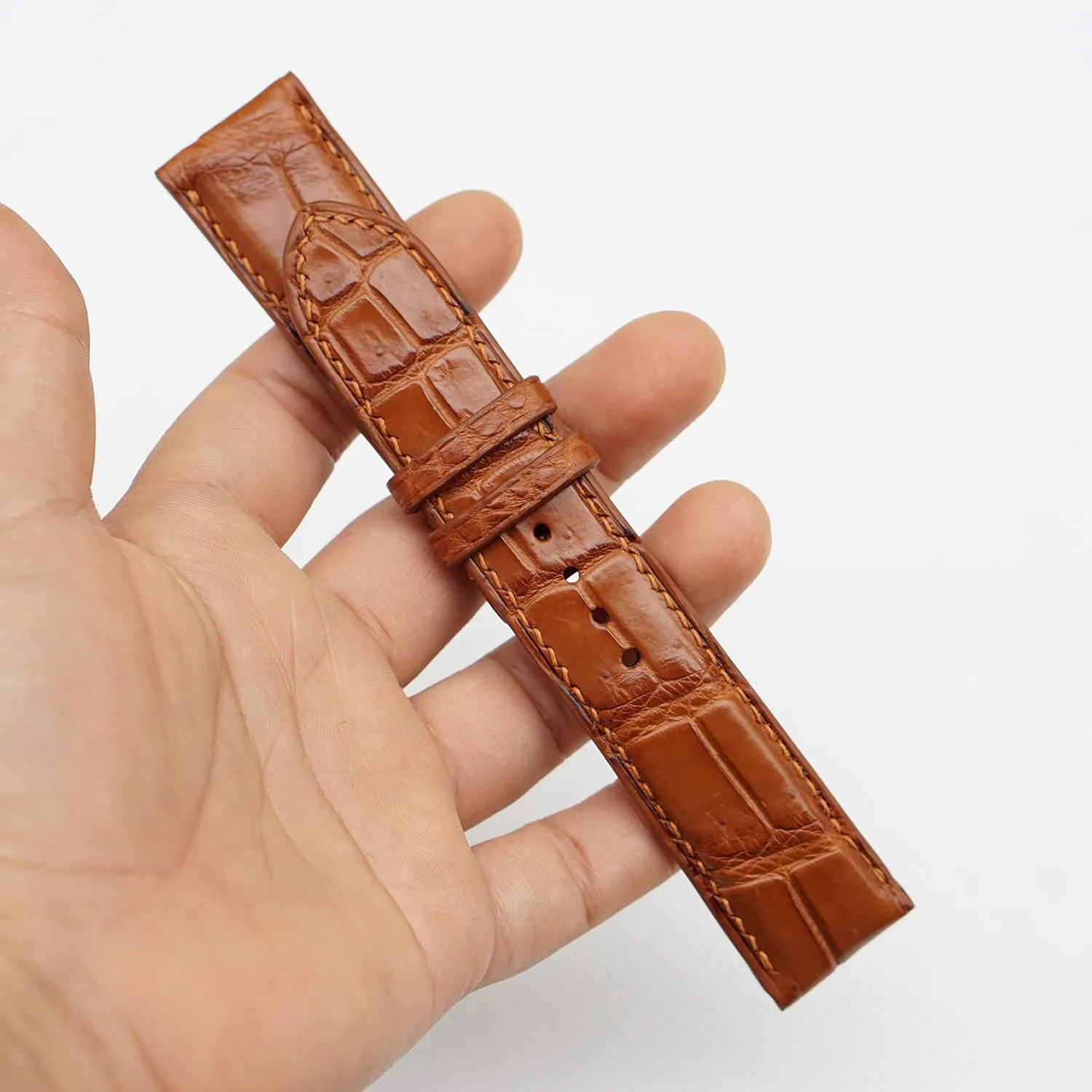 Brown Alligator watch strap, Premium Quality Alligator flexibility trumpeter brightness leather watch band (15mm, Steel Tang Buckle) Golden 