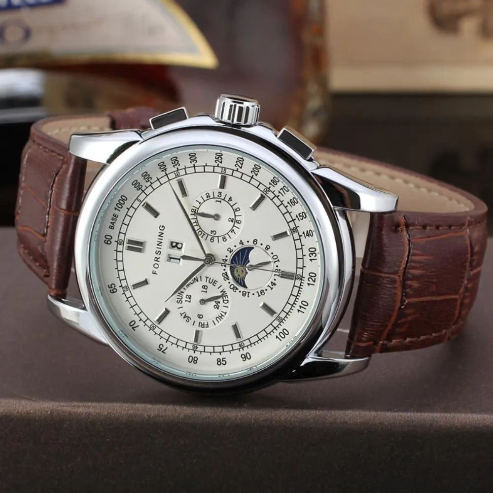 Brown Leather Strap lumber percolate construction brilliantly Watch Moon Phase Waterproof FORSINING Men's Luxury Automatic Winding Movement Rose Gold Case 