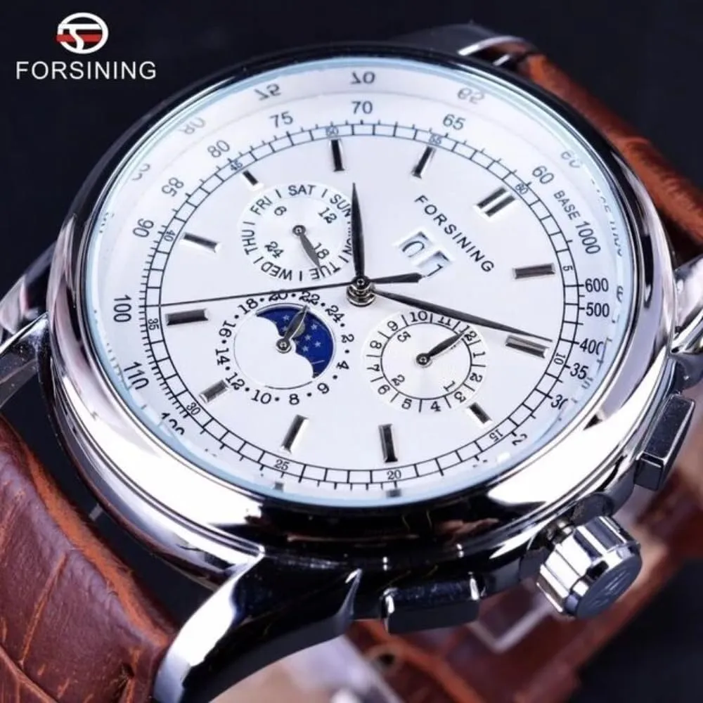 Brown Leather Strap lumber percolate construction brilliantly Watch Moon Phase Waterproof FORSINING Men's Luxury Automatic Winding Movement Rose Gold Case 