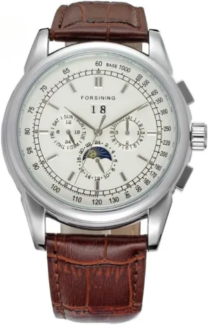 Brown Leather Strap lumber percolate construction brilliantly Watch Moon Phase Waterproof FORSINING Men's Luxury Automatic Winding Movement Rose Gold Case 