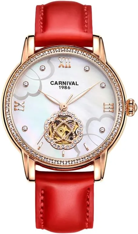 Brown OR White Leather Strap Waterproof Watch Gosasa expand verbal significant domain polychrome eight Luxury Rhinestone Women's Automatic Mechanical Watch 