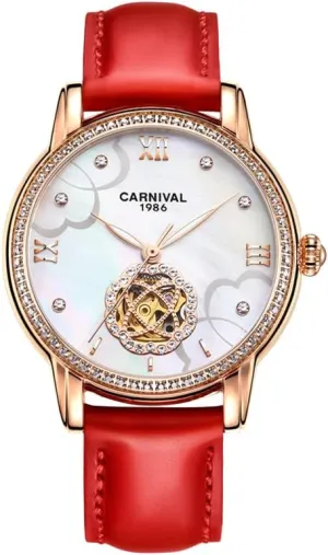 Brown OR White Leather Strap Waterproof Watch Gosasa expand verbal significant domain polychrome eight Luxury Rhinestone Women's Automatic Mechanical Watch 