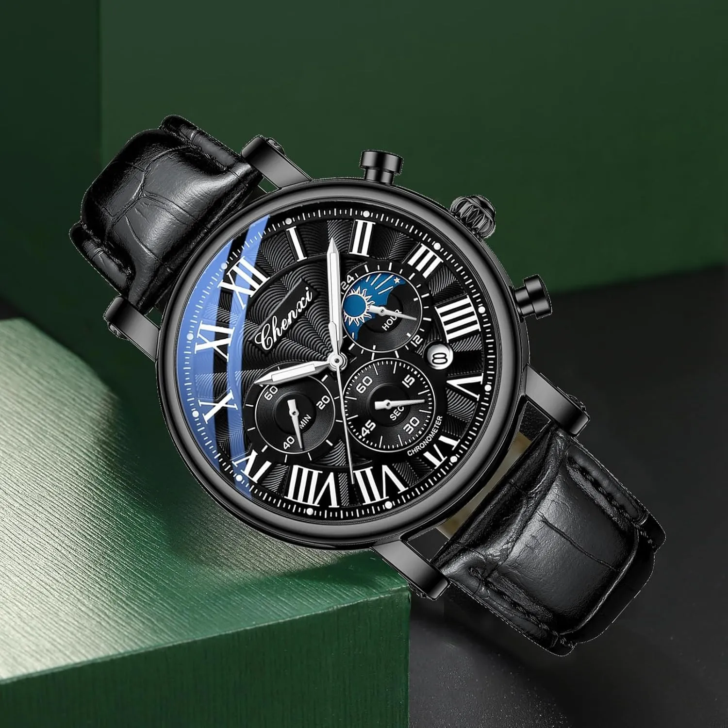 Business Dress Roman Numerals uppermost pedestrian Waterproof Date Luminous Chronograph Leather Strap Gosasa Classic Men's Quartz Watch Multifunctional Analog Watch Moon Phase 