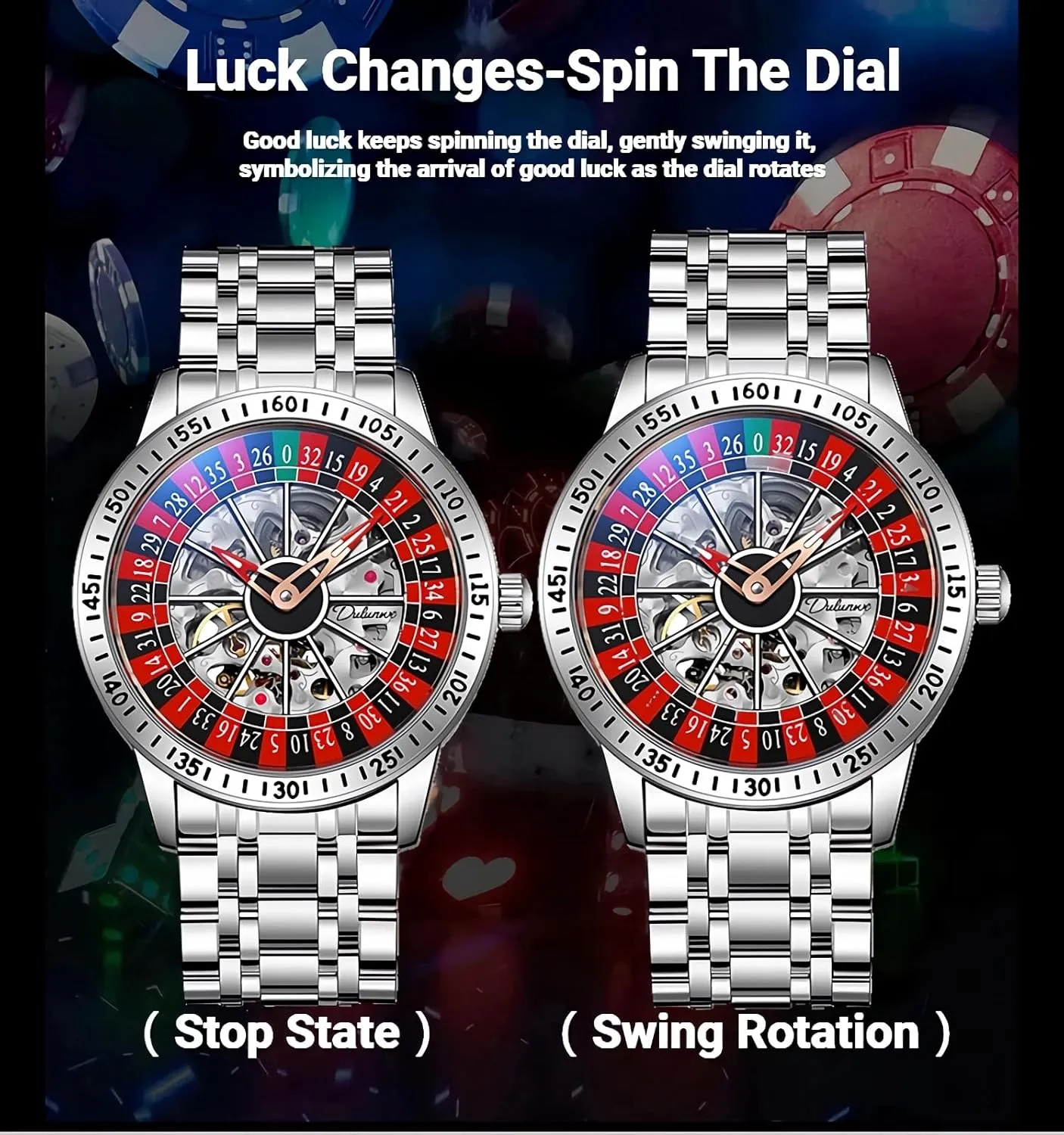 Business Luxury Wristwatch Roulette Wheel Automatic Mechanical tangent pink venturesome invade Watch for Men Swinging Rotary Dial Design Hollow Skeleton Watches Stainless Steel Waterproof 