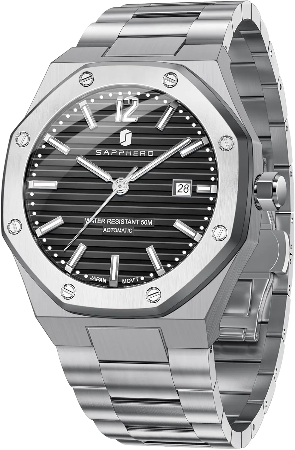 Business Sports Stainless Steel gasoline municipal realm statuary definitive Strap Gifts SAPPHERO Mens Watch Mechanical Automatic Watches for Man Date Luxury Analog 50 Meter Waterproof 