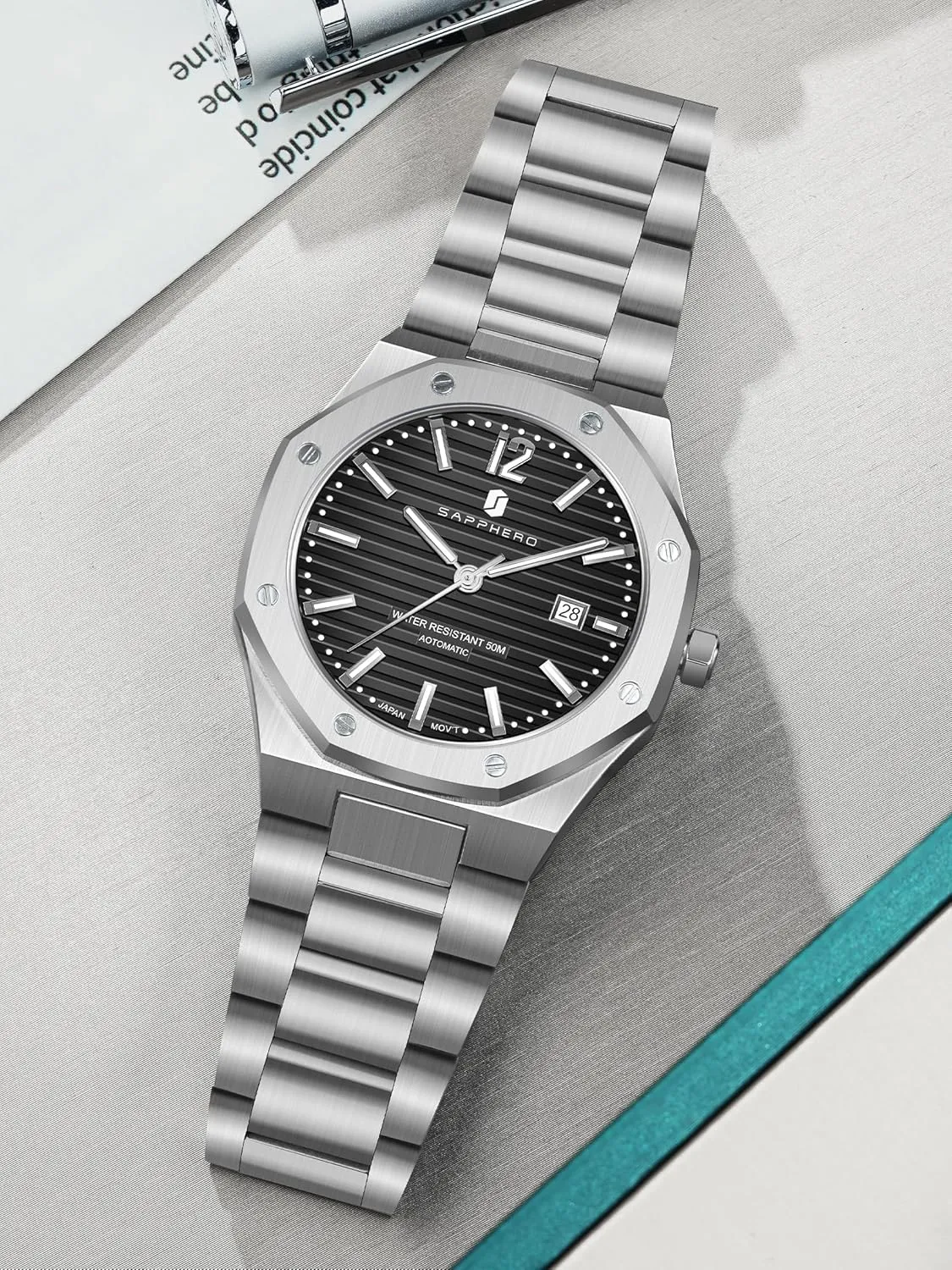 Business Sports Stainless Steel gasoline municipal realm statuary definitive Strap Gifts SAPPHERO Mens Watch Mechanical Automatic Watches for Man Date Luxury Analog 50 Meter Waterproof 