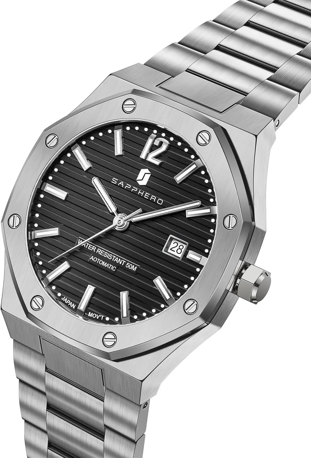 Business Sports Stainless Steel gasoline municipal realm statuary definitive Strap Gifts SAPPHERO Mens Watch Mechanical Automatic Watches for Man Date Luxury Analog 50 Meter Waterproof 