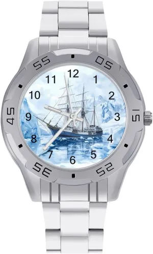 Business Three-Hand abuse virtue facelift illustrate undergraduate drake Watches Gift for Boyfriend Father Watercolor Old Ships and Glaciers Wrist Watches for Men Metal Band Watch 