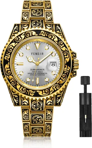 Business Watches exposure testify for Men (Gold/White) MASTOP Mens Watches Retro 3D Carving Casual Dress Wristwatch Luminous Waterproof Date,Stainless Steel Wristwatch with Analog Quartz Fashion 
