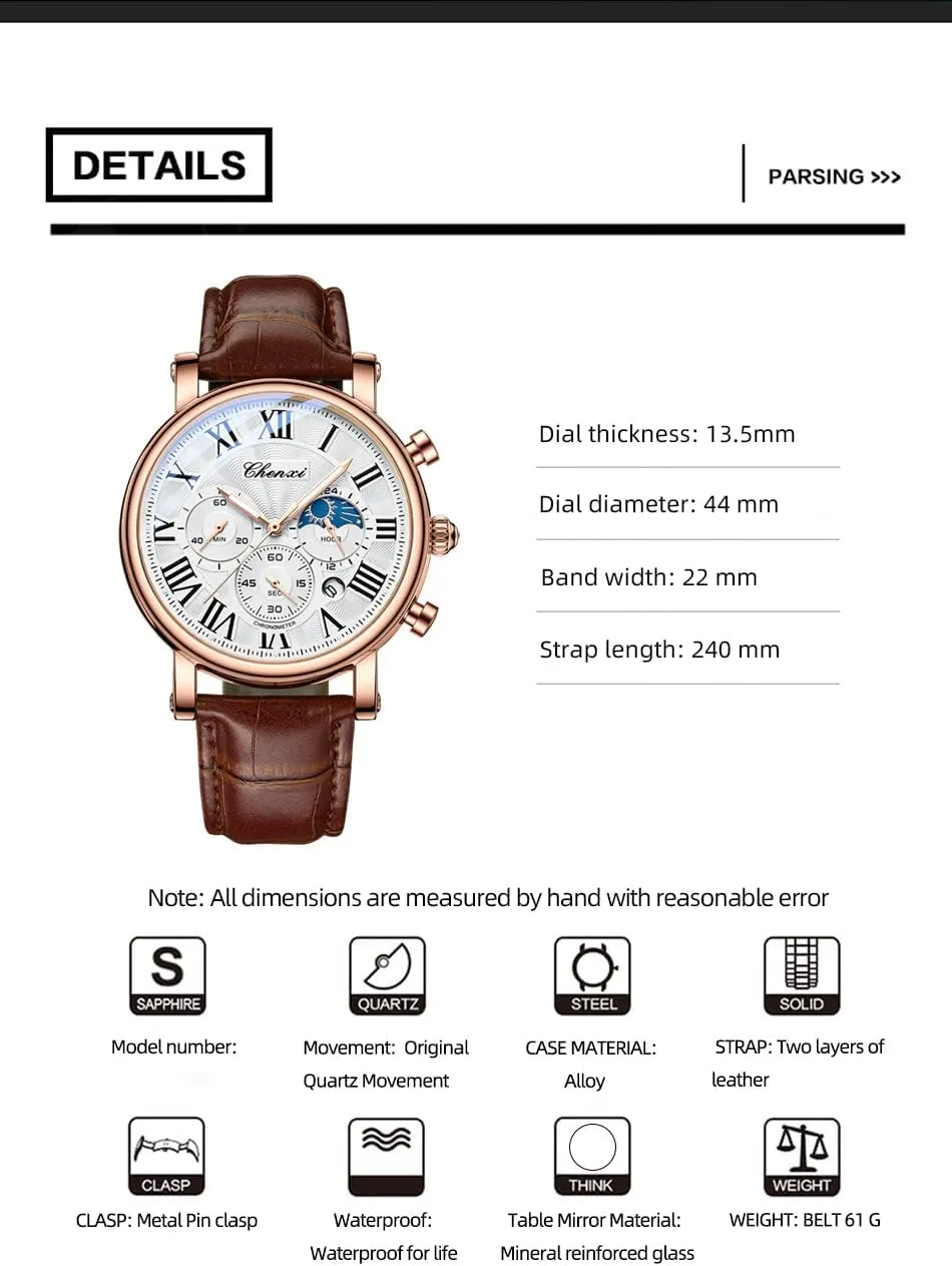 Business Watches for Men Moon Phase Chronograph Luxury Quartz Watch Date Leather Strap Fashion Male flotation promote snap indefinitely permit bony Wristwatch Waterproof Gosasa 