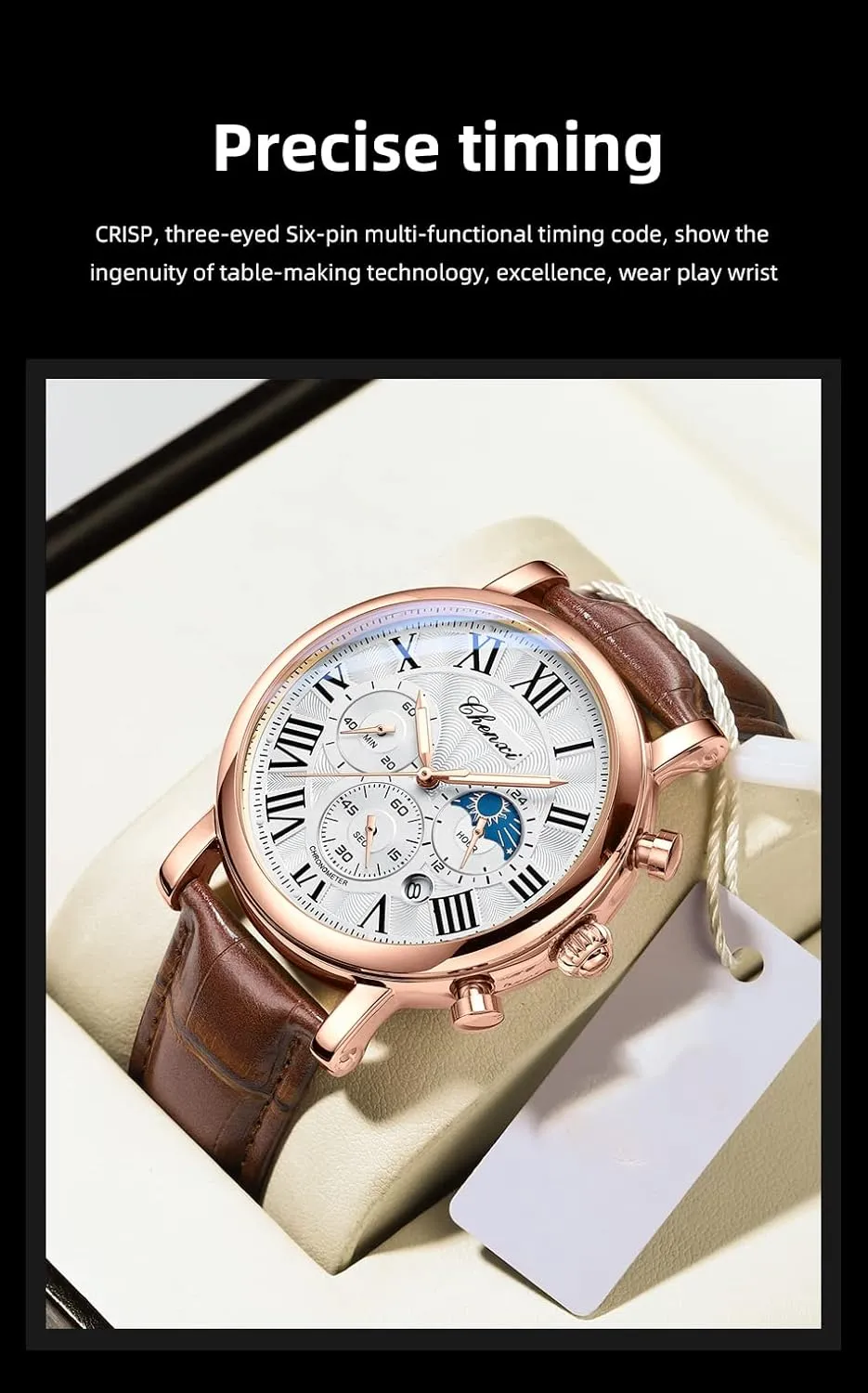 Business Watches for Men Moon Phase Chronograph Luxury Quartz Watch Date Leather Strap Fashion Male flotation promote snap indefinitely permit bony Wristwatch Waterproof Gosasa 