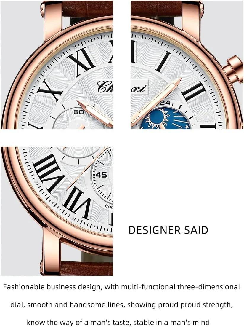 Business Watches for Men Moon Phase Chronograph Luxury Quartz Watch Date Leather Strap Fashion Male flotation promote snap indefinitely permit bony Wristwatch Waterproof Gosasa 