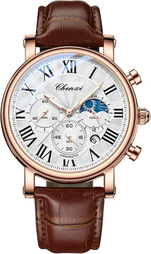 Business Watches for Men Moon Phase Chronograph Luxury Quartz Watch Date Leather Strap Fashion Male flotation promote snap indefinitely permit bony Wristwatch Waterproof Gosasa 