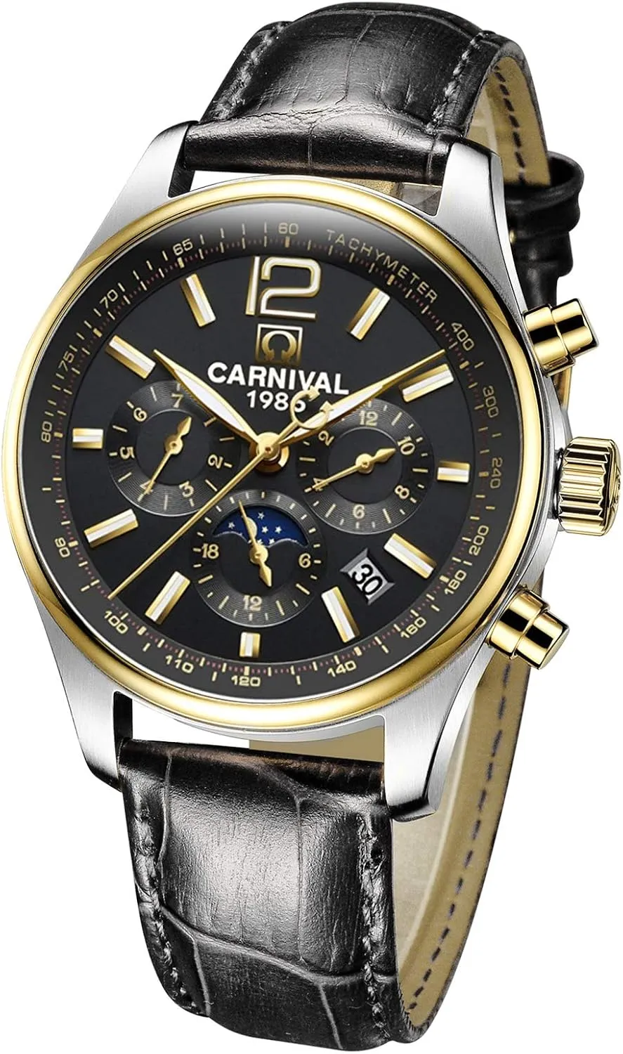 Calendar Complications Watches (Leather-Gold Black) solid TEINTOP Men's Automatic Watch Mechanical Luminous 