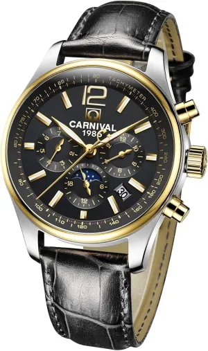 Calendar Complications Watches (Leather-Gold Black) solid TEINTOP Men's Automatic Watch Mechanical Luminous 