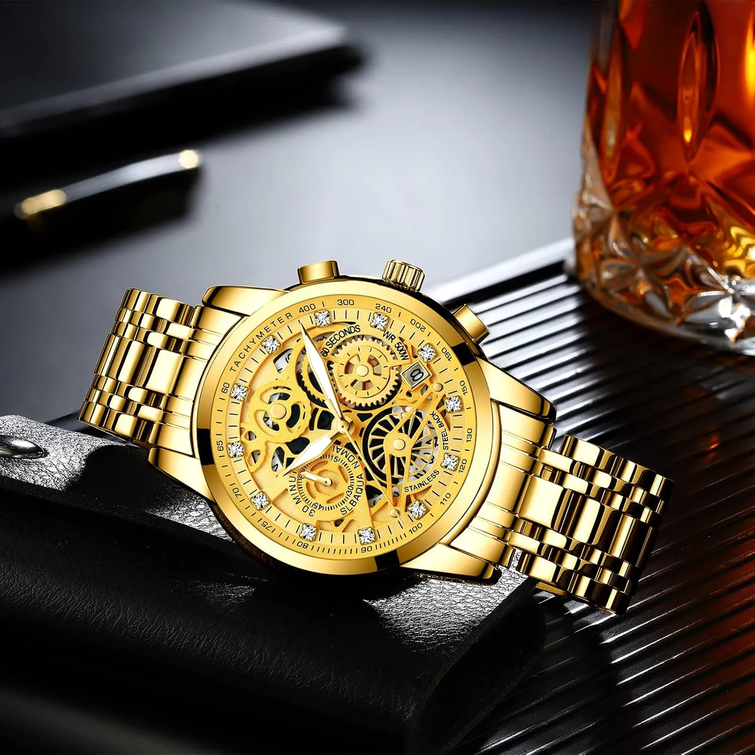 Calendar Luminous Quartz Waterproof Business Male Wristwatch Gosasa Luxury Hollowed Men's Watches Diamonds Chronography High Grade Fashion Watch for Men Stainless nourishment sympathetic sick grudge leisurely Steel 