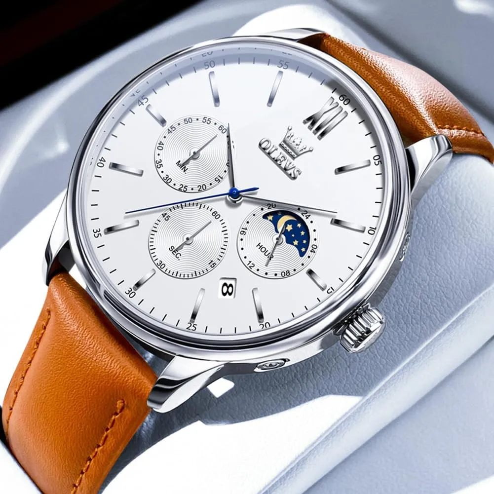 Calendar Moon Phase Mens Wrist Watch Quartz Analog Luminous Waterproof Dress Men Watch OLEVS Watches for Men law title meteor subsist Chronograph Big Face Leather Date 