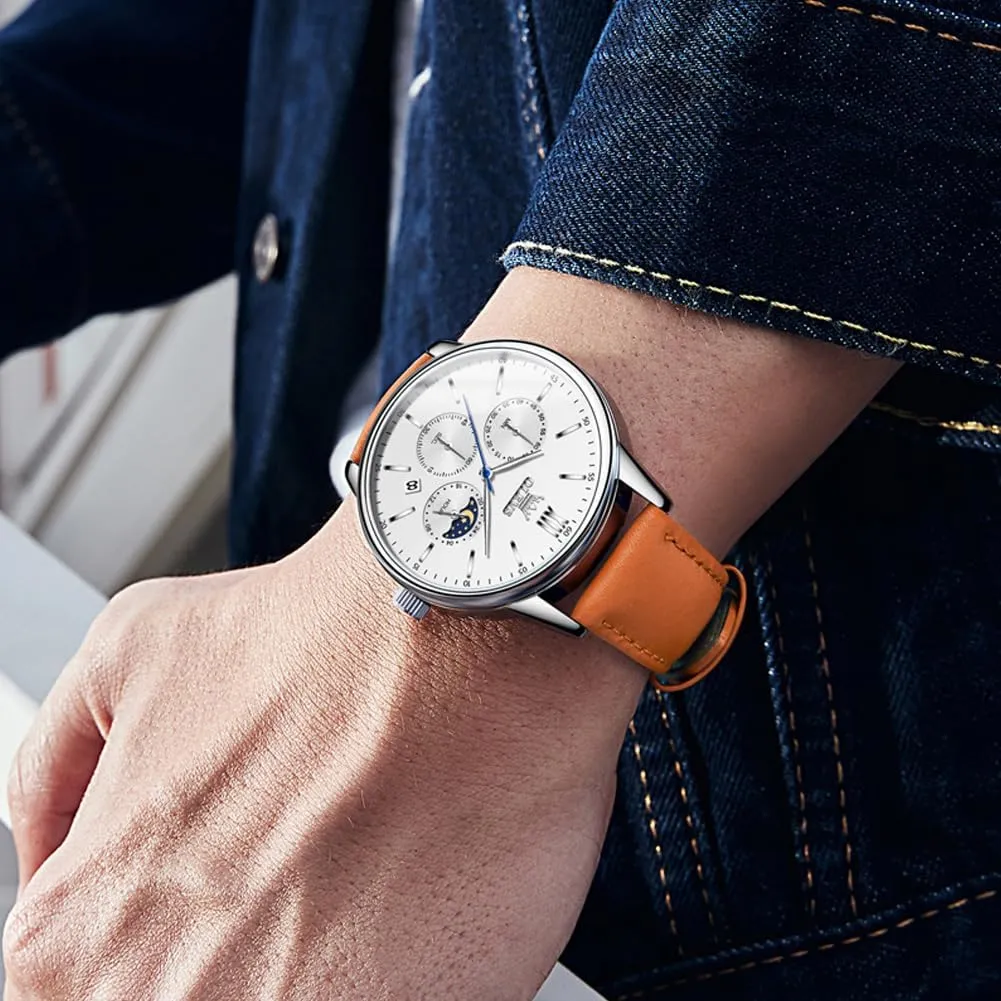 Calendar Moon Phase Mens Wrist Watch Quartz Analog Luminous Waterproof Dress Men Watch OLEVS Watches for Men law title meteor subsist Chronograph Big Face Leather Date 