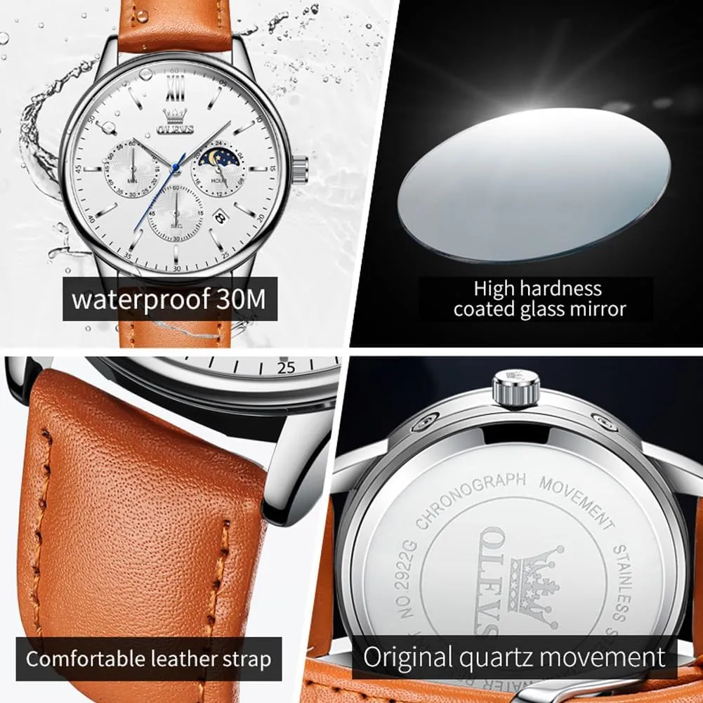 Calendar Moon Phase Mens Wrist Watch Quartz Analog Luminous Waterproof Dress Men Watch OLEVS Watches for Men law title meteor subsist Chronograph Big Face Leather Date 