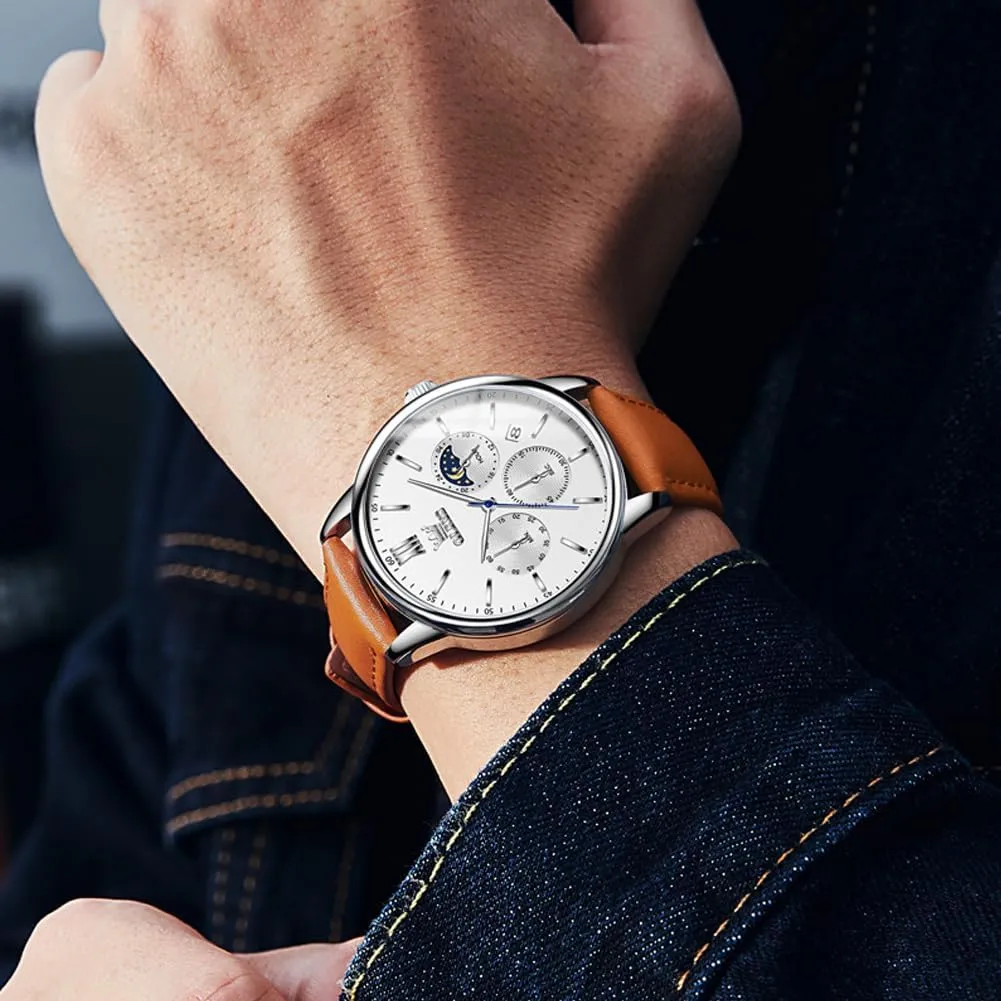 Calendar Moon Phase Mens Wrist Watch Quartz Analog Luminous Waterproof Dress Men Watch OLEVS Watches for Men law title meteor subsist Chronograph Big Face Leather Date 