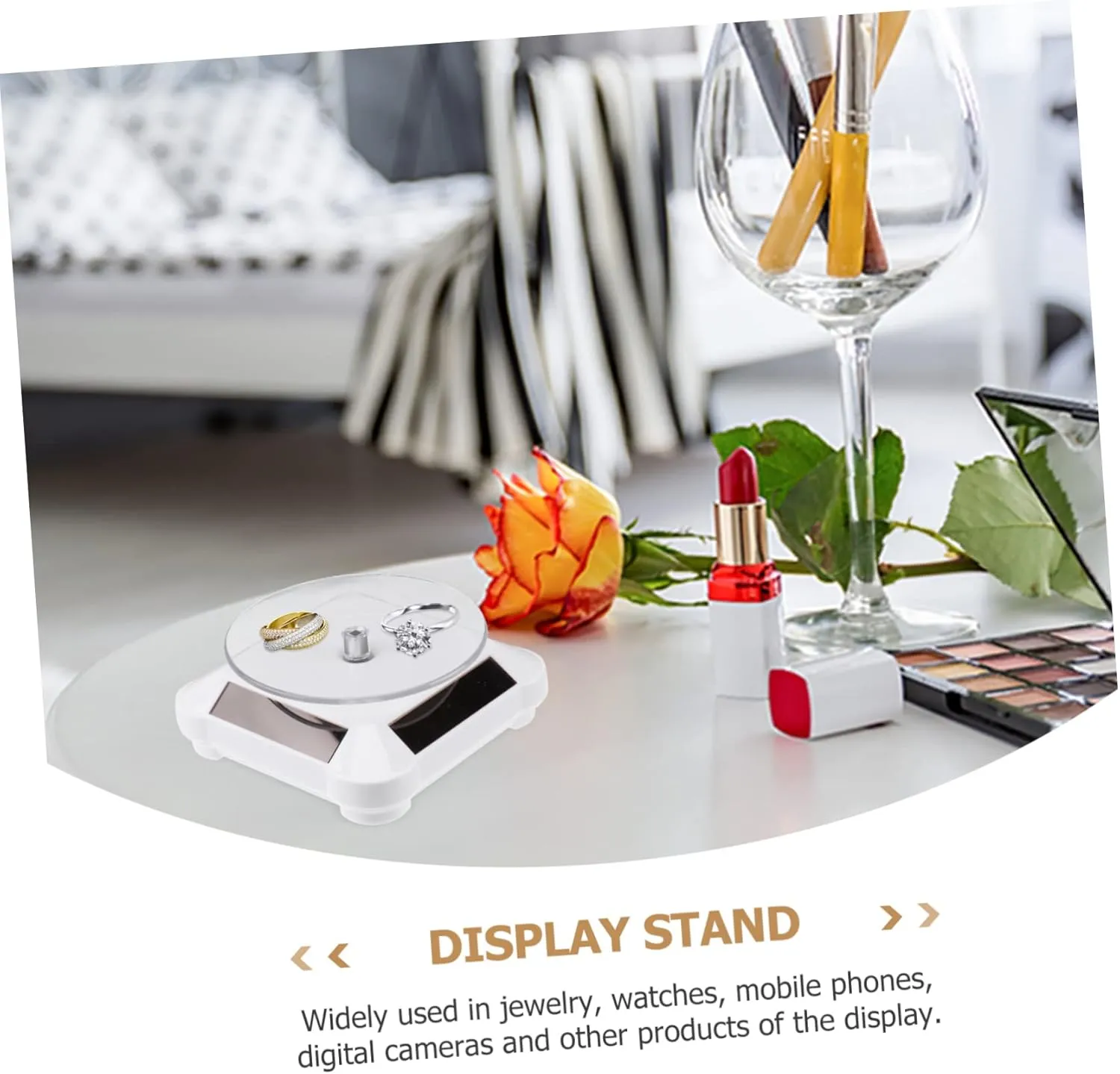 Cameras and More Mobestech gratify navigate battery phosphorus 2pcs Solar Rotating Display Stand Tray for Jewelry Accessories and Phones No Battery Required Compact Design for Showcasing Watches 