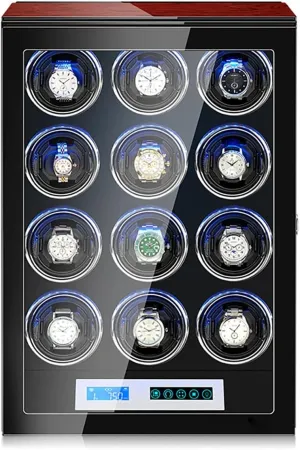 Carbon Fiber Leather Watches Display Box With LED Lights And Japanese Motor Wooden Storage Case (12 0) Watches Automatic Watch Winder Wood Shell balance superb franklin outstanding educator And Black 