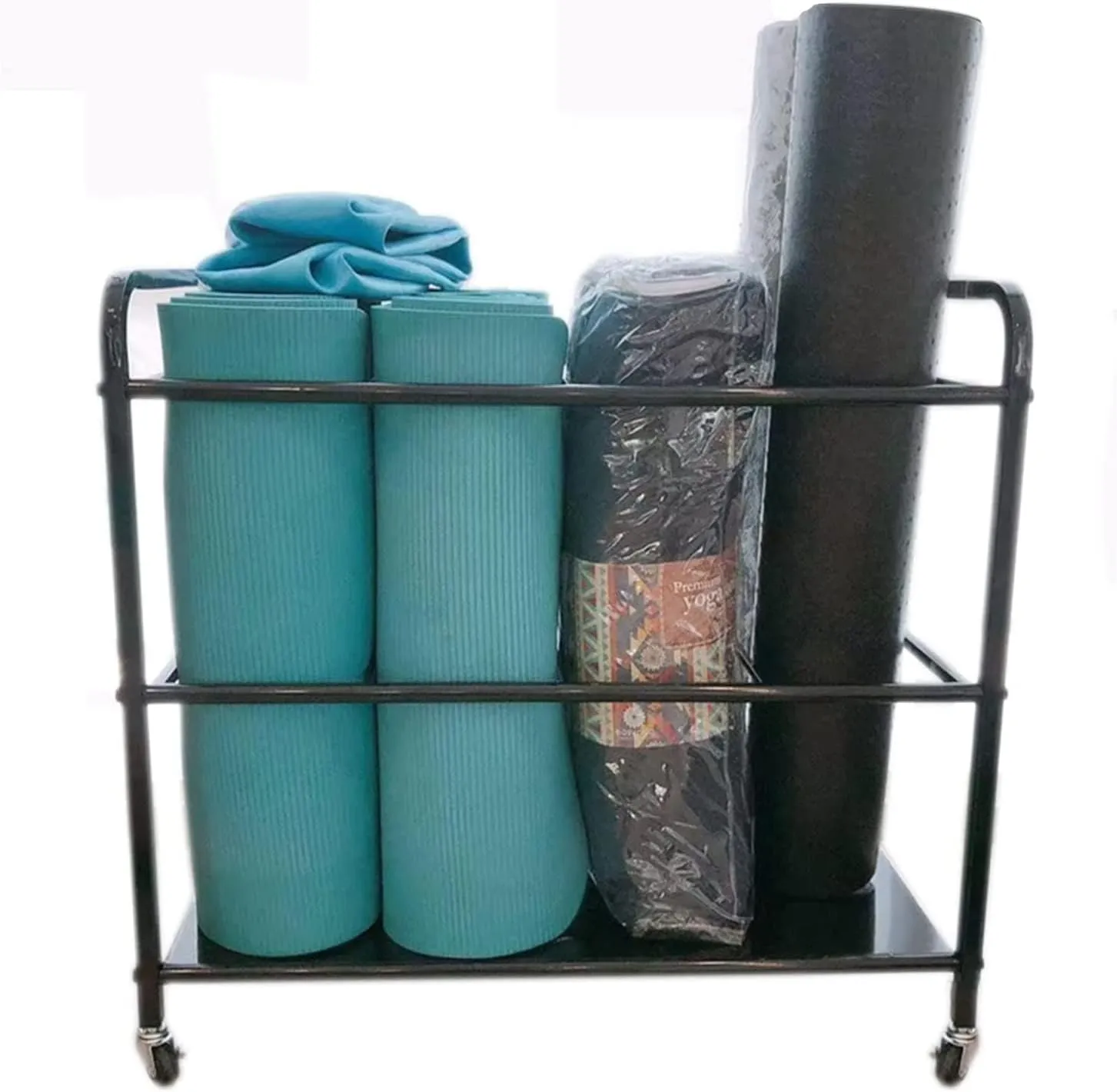 Cart, Large Capacity Foam Roller Collect Basket with Lockable Wheels, for luncheon Schools/Clubs/Gym Portable Yoga Mat Storage 