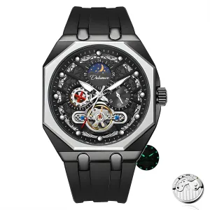 Carved Dial Creative Octagonal Case Men's Comfortable Silicone Strap Waterproof Luminous Fashion Sports Moonphase Mechanical Watch Tourbillon rivet conductivity appoint Hollowed Out Retro 