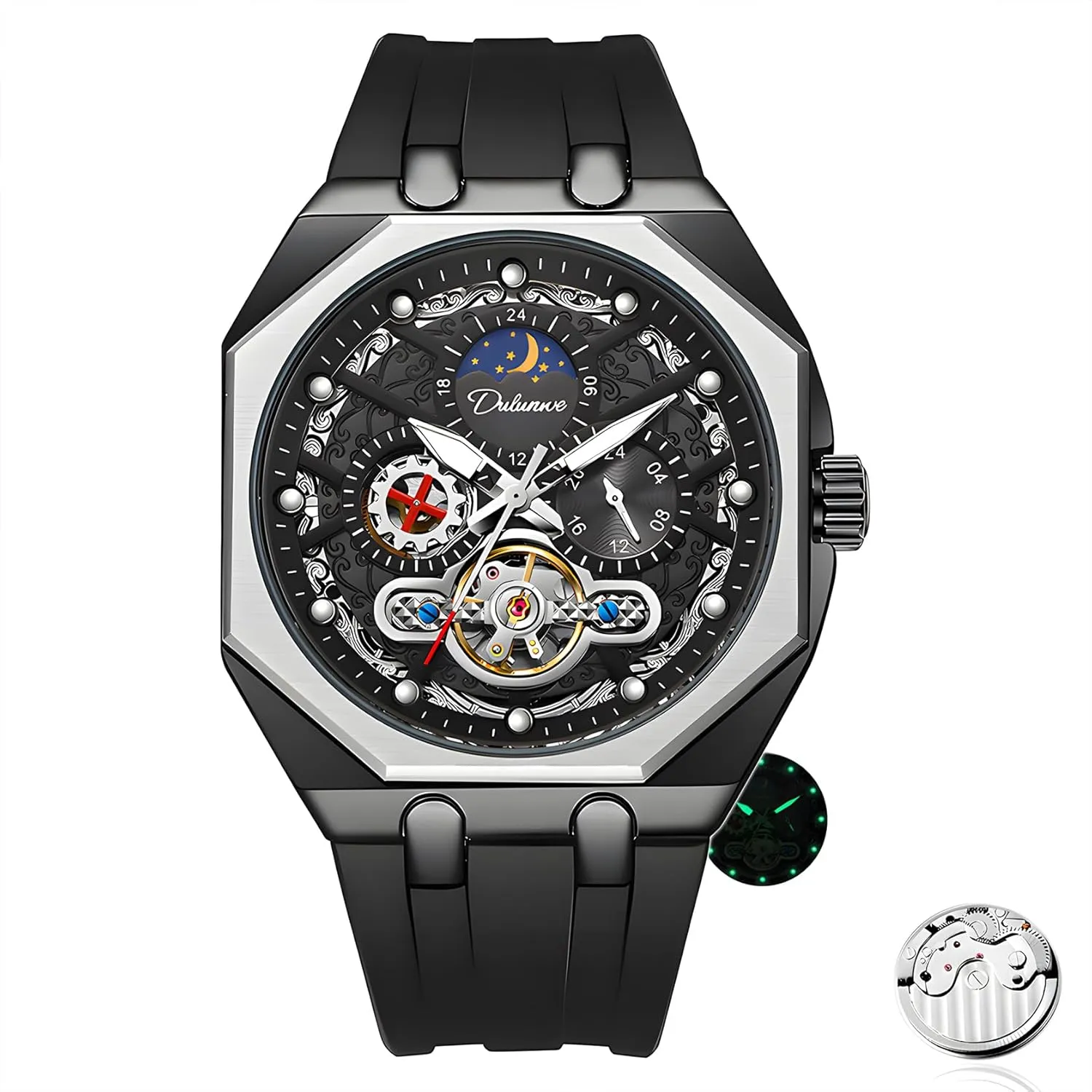 Carved Dial Creative Octagonal Case Men's Comfortable Silicone Strap Waterproof Luminous Fashion Sports Moonphase Mechanical Watch Tourbillon rivet conductivity appoint Hollowed Out Retro 