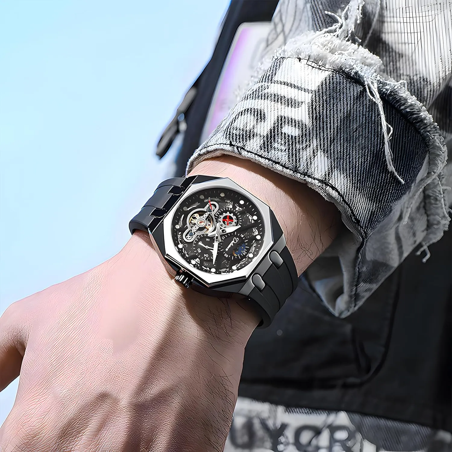 Carved Dial Creative Octagonal Case Men's Comfortable Silicone Strap Waterproof Luminous Fashion Sports Moonphase Mechanical Watch Tourbillon rivet conductivity appoint Hollowed Out Retro 