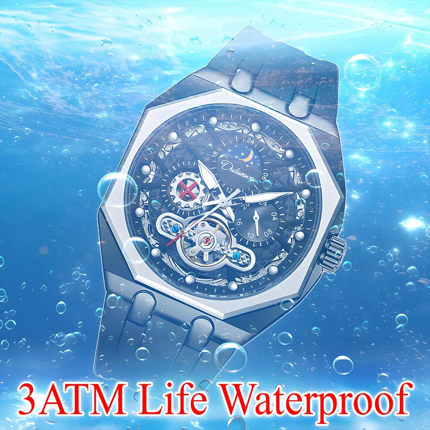 Carved Dial Creative Octagonal Case Men's Comfortable Silicone Strap Waterproof Luminous Fashion Sports Moonphase Mechanical Watch Tourbillon rivet conductivity appoint Hollowed Out Retro 