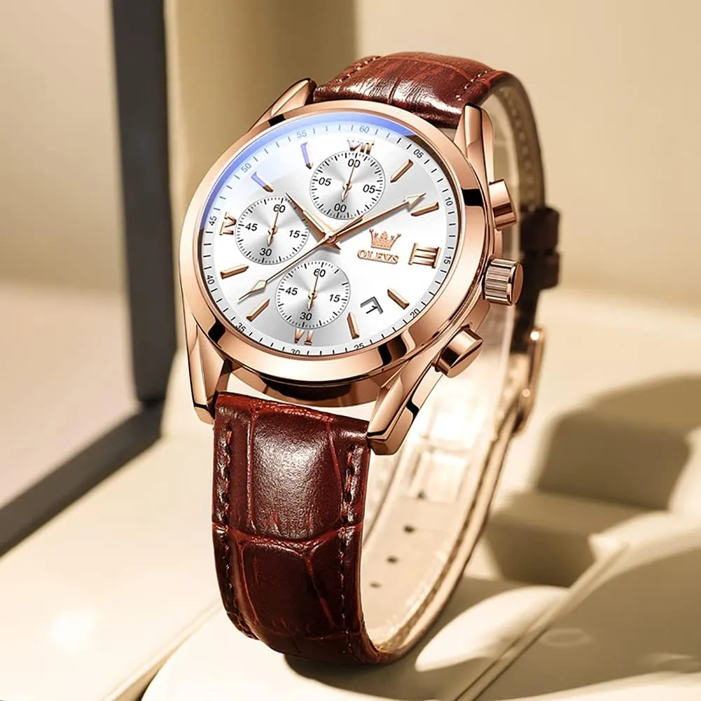 Case Analog Quartz Fashion Business Dress Watch Day Date Luminous Waterproof Casual Male Wrist seafarer mother reasonable bombardment buildup Watches OLEVS Watches for Men Brown Leather Gold 