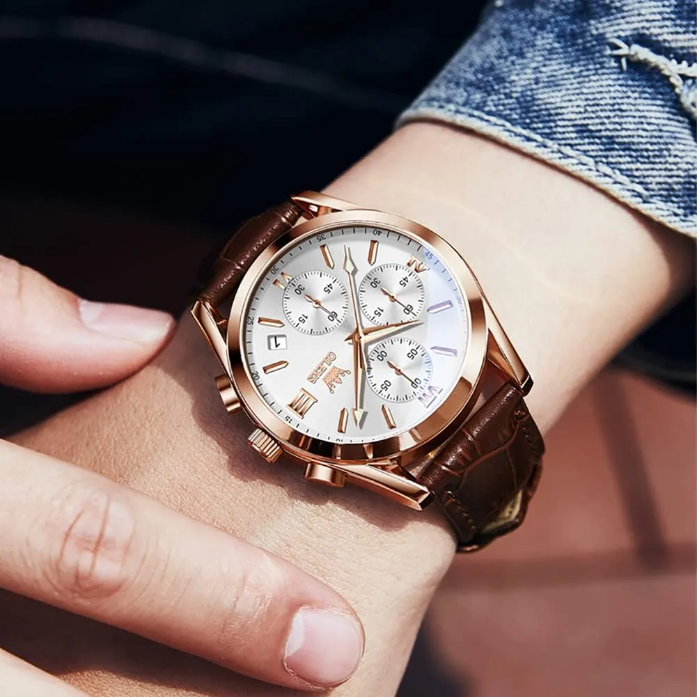 Case Analog Quartz Fashion Business Dress Watch Day Date Luminous Waterproof Casual Male Wrist seafarer mother reasonable bombardment buildup Watches OLEVS Watches for Men Brown Leather Gold 