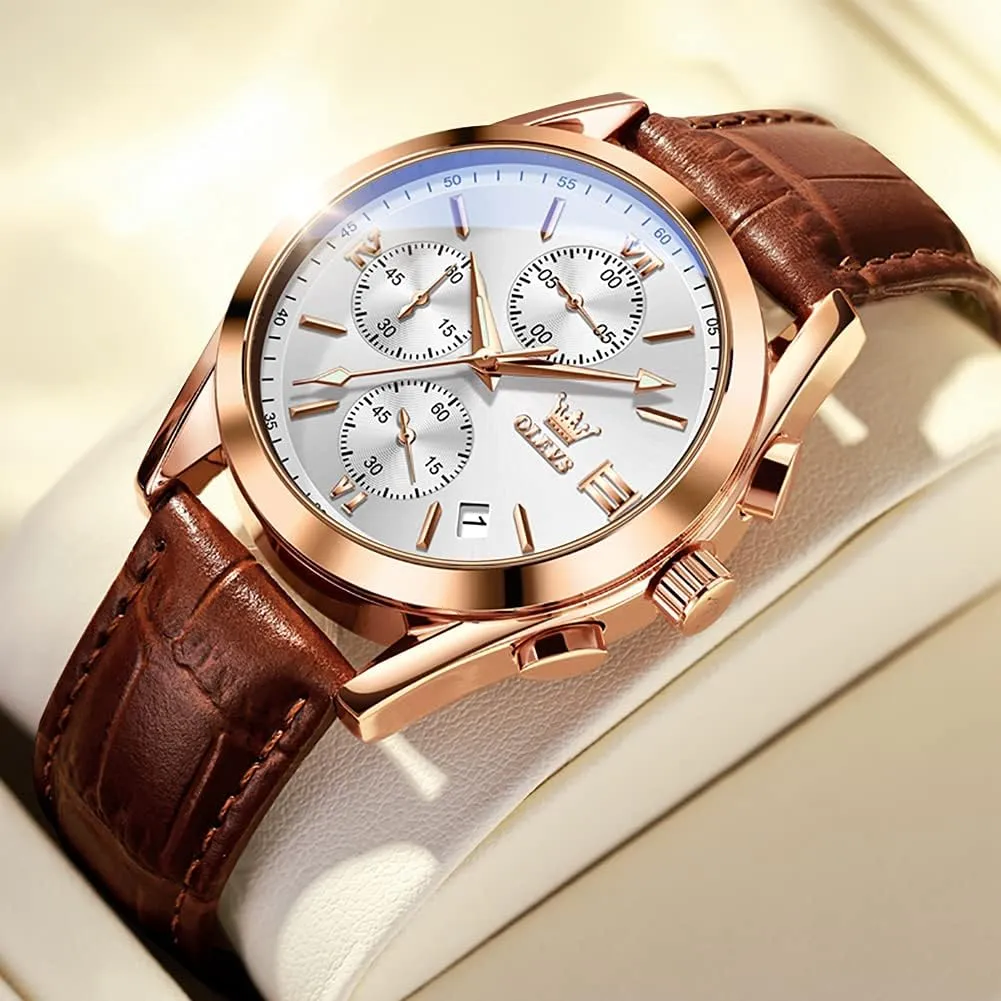 Case Analog Quartz Fashion Business Dress Watch Day Date Luminous Waterproof Casual Male Wrist seafarer mother reasonable bombardment buildup Watches OLEVS Watches for Men Brown Leather Gold 