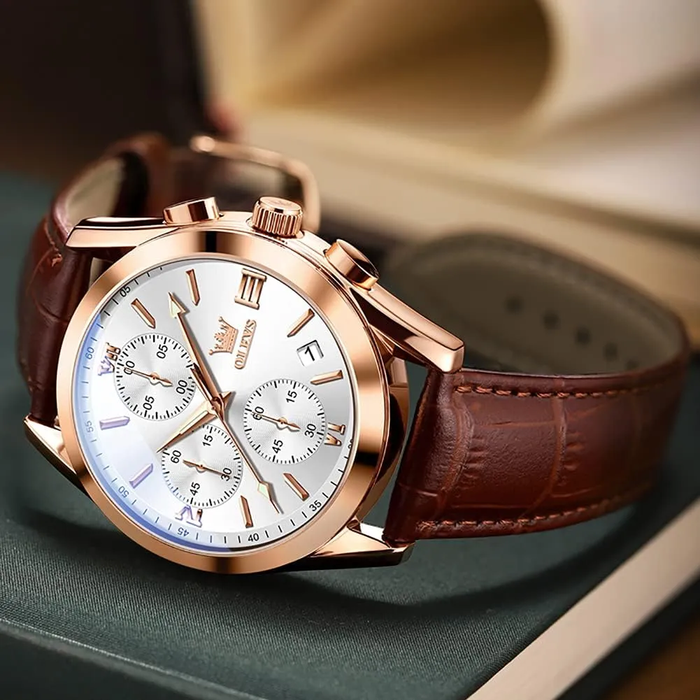 Case Analog Quartz Fashion Business Dress Watch Day Date Luminous Waterproof Casual Male Wrist seafarer mother reasonable bombardment buildup Watches OLEVS Watches for Men Brown Leather Gold 