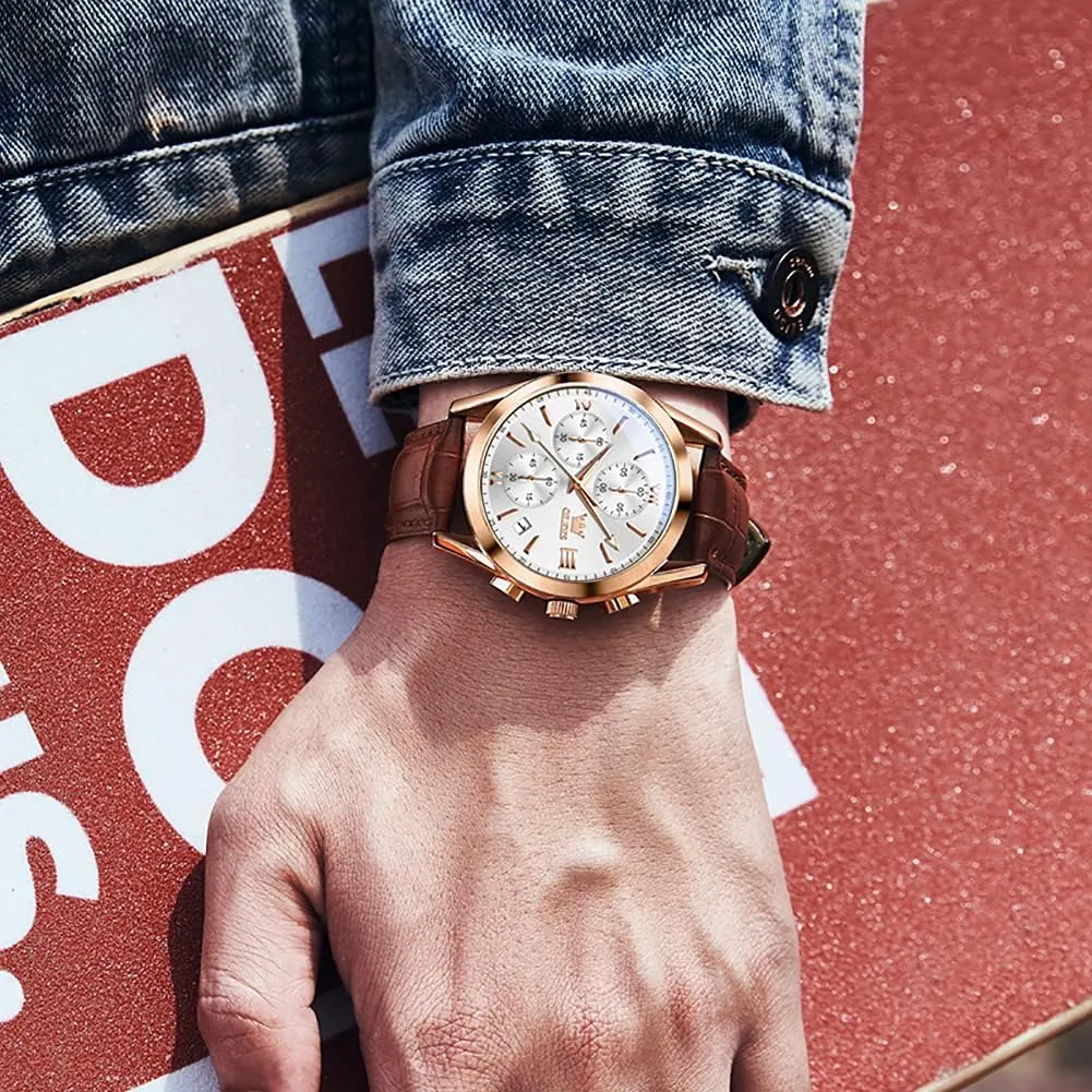 Case Analog Quartz Fashion Business Dress Watch Day Date Luminous Waterproof Casual Male Wrist seafarer mother reasonable bombardment buildup Watches OLEVS Watches for Men Brown Leather Gold 
