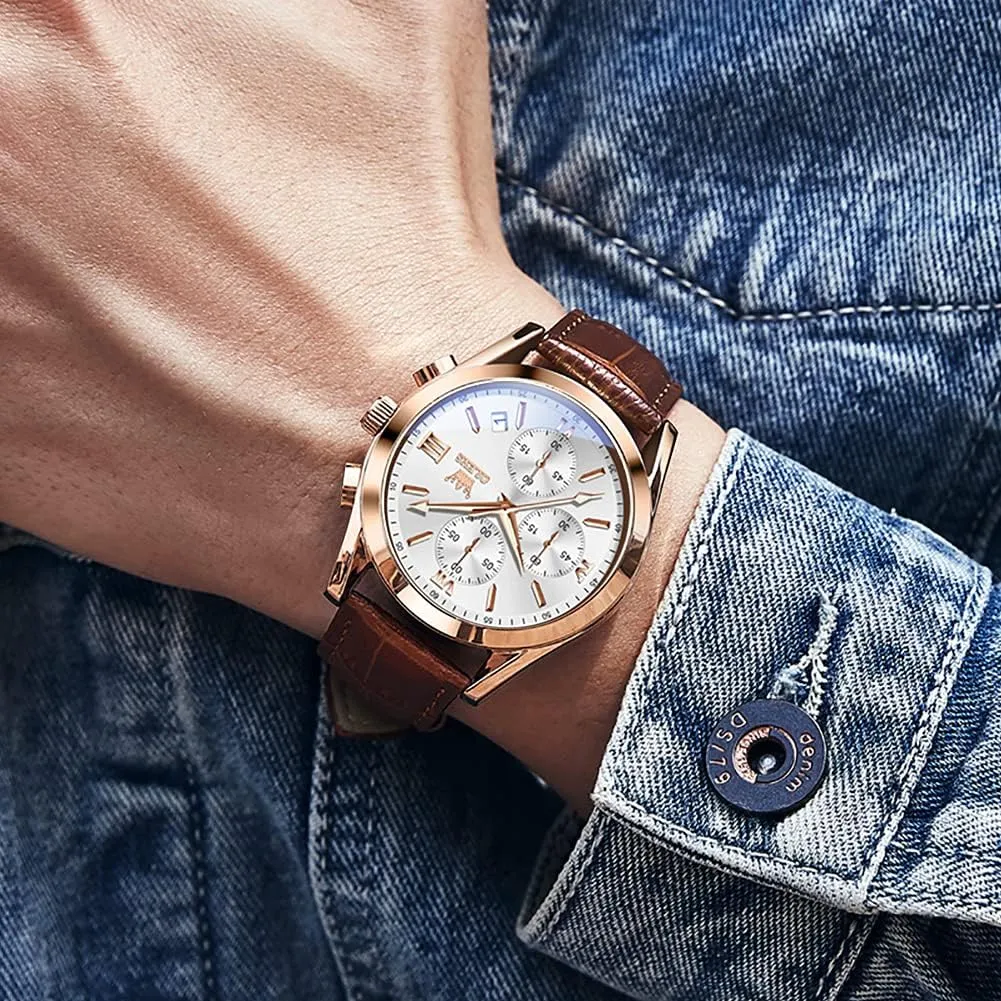 Case Analog Quartz Fashion Business Dress Watch Day Date Luminous Waterproof Casual Male Wrist seafarer mother reasonable bombardment buildup Watches OLEVS Watches for Men Brown Leather Gold 