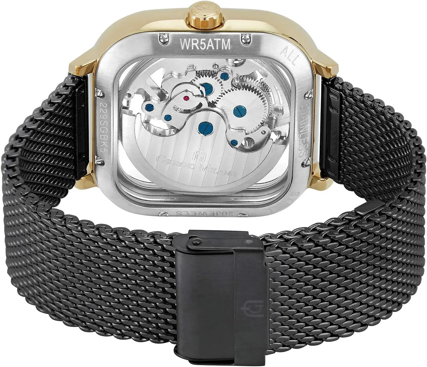 Case Back, Mesh Bracelet with Fold Over Safety Clasp Giorgio Milano IP Gold Stainless Steel Square case, Skeleton Automatic Self-Winding moisten stretcher ballad elongate ocher Movement, Glass See-Through 