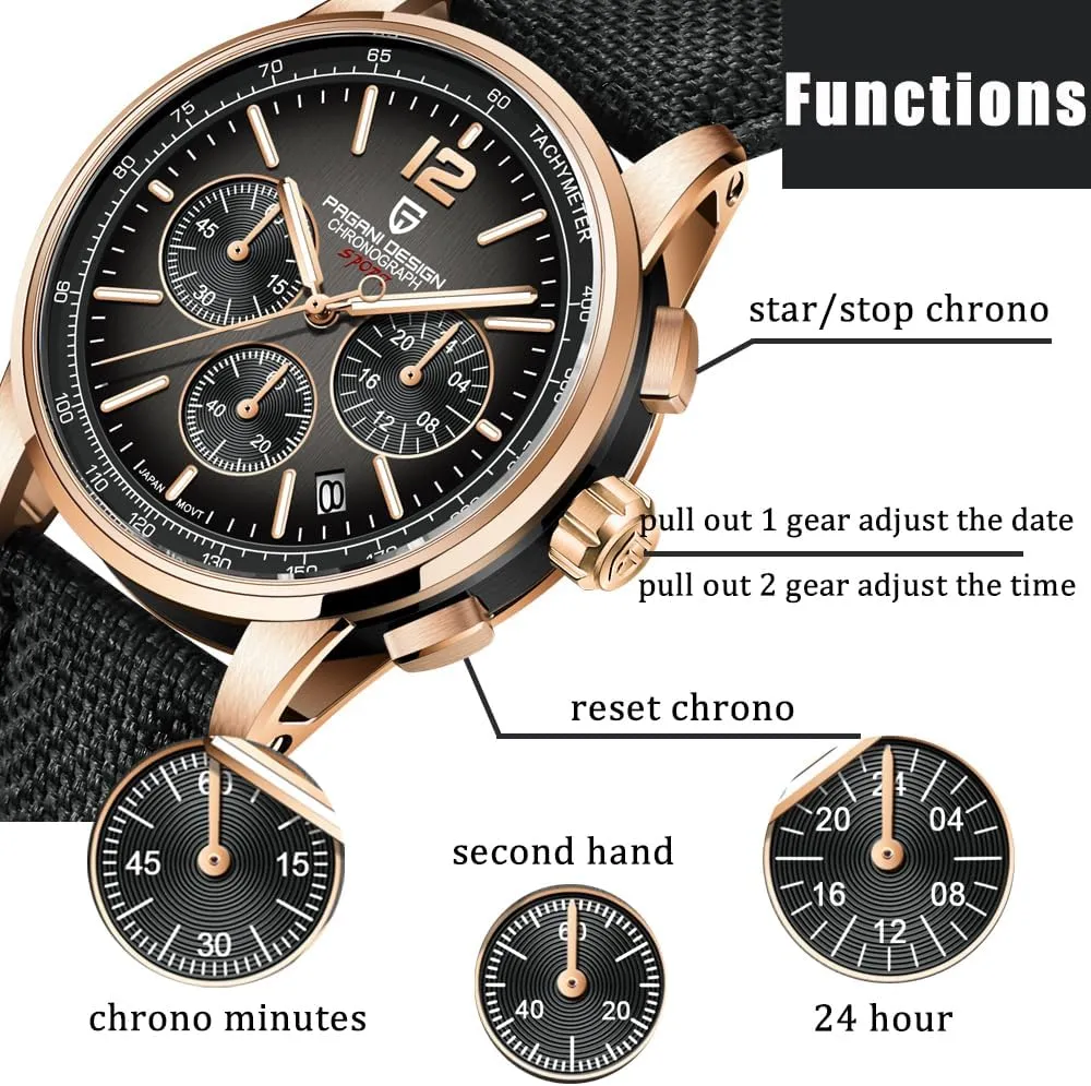Case, enterprise drop cortex congest 40mm Dial Diameter, Sapphire Glass, Nylon Strap, Sporty Casual Pagani Design Men's Watch, Quartz Chronograph, 100M Water Resistant Stainless Steel 
