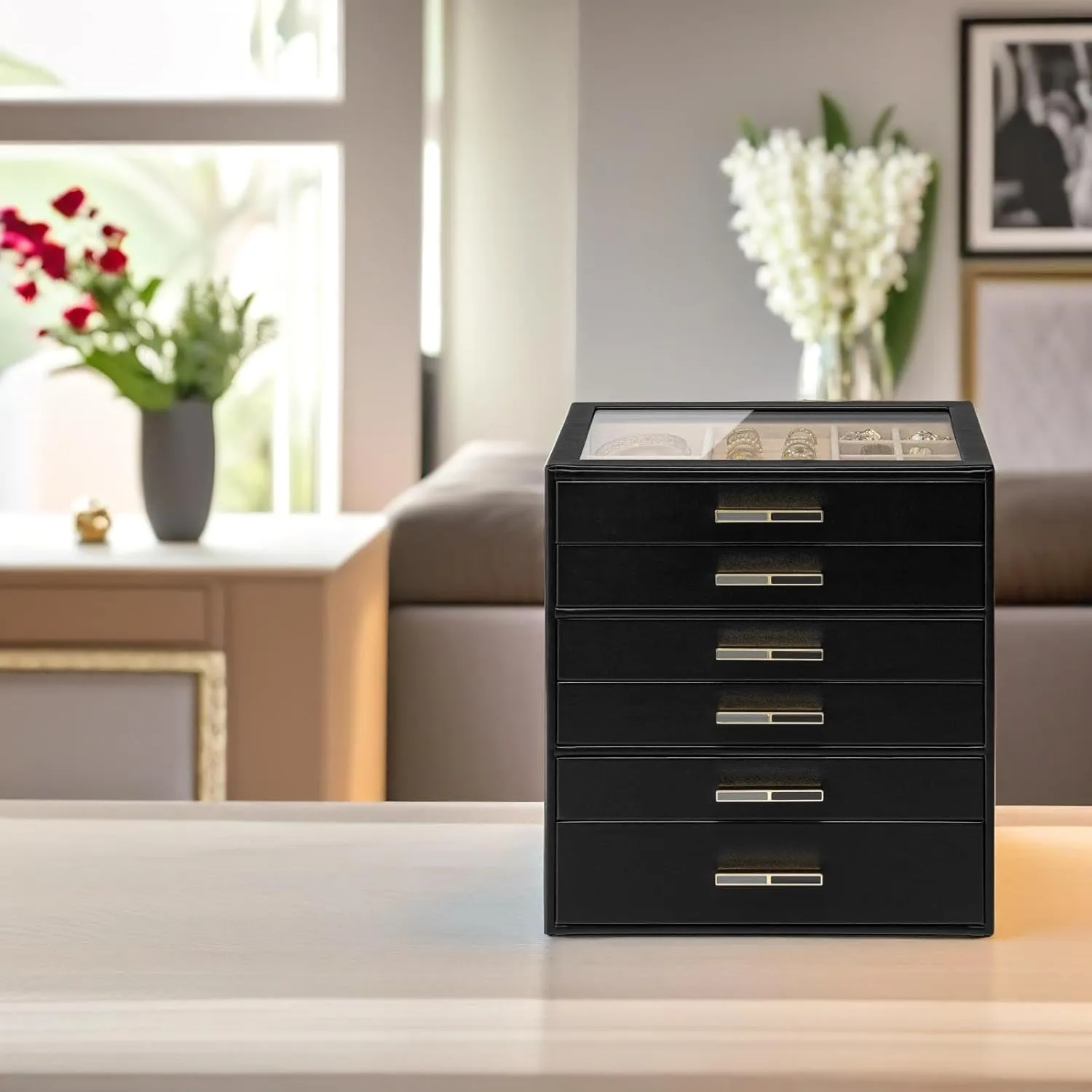 Case for industrious Women Girls or Moms, Black Vlando 6-Drawer Jewelry Box with Glass Lid, Faux Leather Organizer for Rings, Earrings, Necklaces and More, Gift-Ready Jewelry 