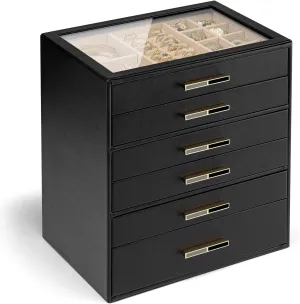 Case for industrious Women Girls or Moms, Black Vlando 6-Drawer Jewelry Box with Glass Lid, Faux Leather Organizer for Rings, Earrings, Necklaces and More, Gift-Ready Jewelry 