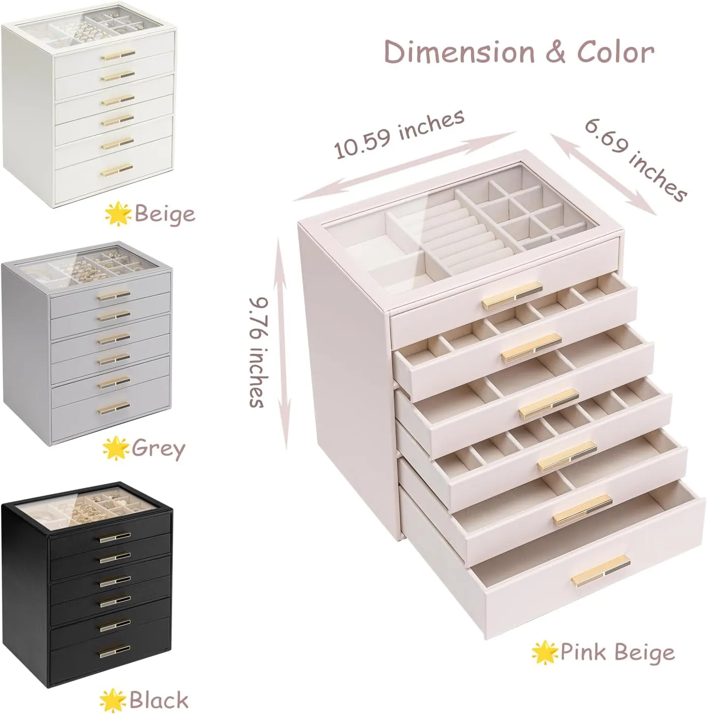 Case for industrious Women Girls or Moms, Black Vlando 6-Drawer Jewelry Box with Glass Lid, Faux Leather Organizer for Rings, Earrings, Necklaces and More, Gift-Ready Jewelry 