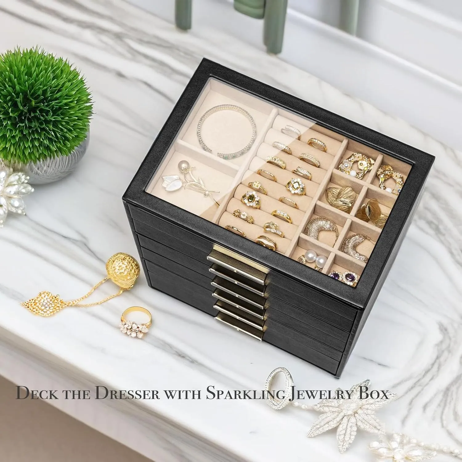 Case for industrious Women Girls or Moms, Black Vlando 6-Drawer Jewelry Box with Glass Lid, Faux Leather Organizer for Rings, Earrings, Necklaces and More, Gift-Ready Jewelry 