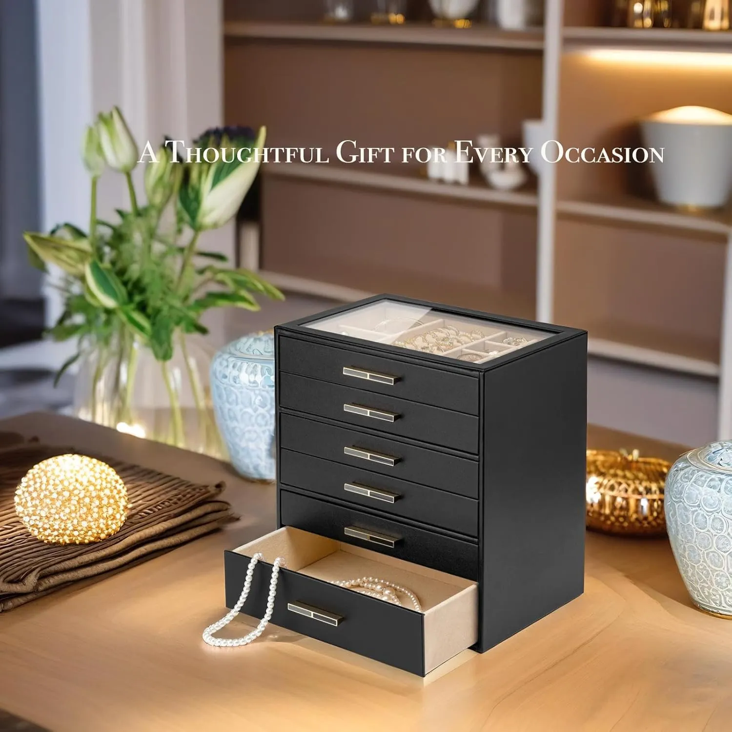 Case for industrious Women Girls or Moms, Black Vlando 6-Drawer Jewelry Box with Glass Lid, Faux Leather Organizer for Rings, Earrings, Necklaces and More, Gift-Ready Jewelry 