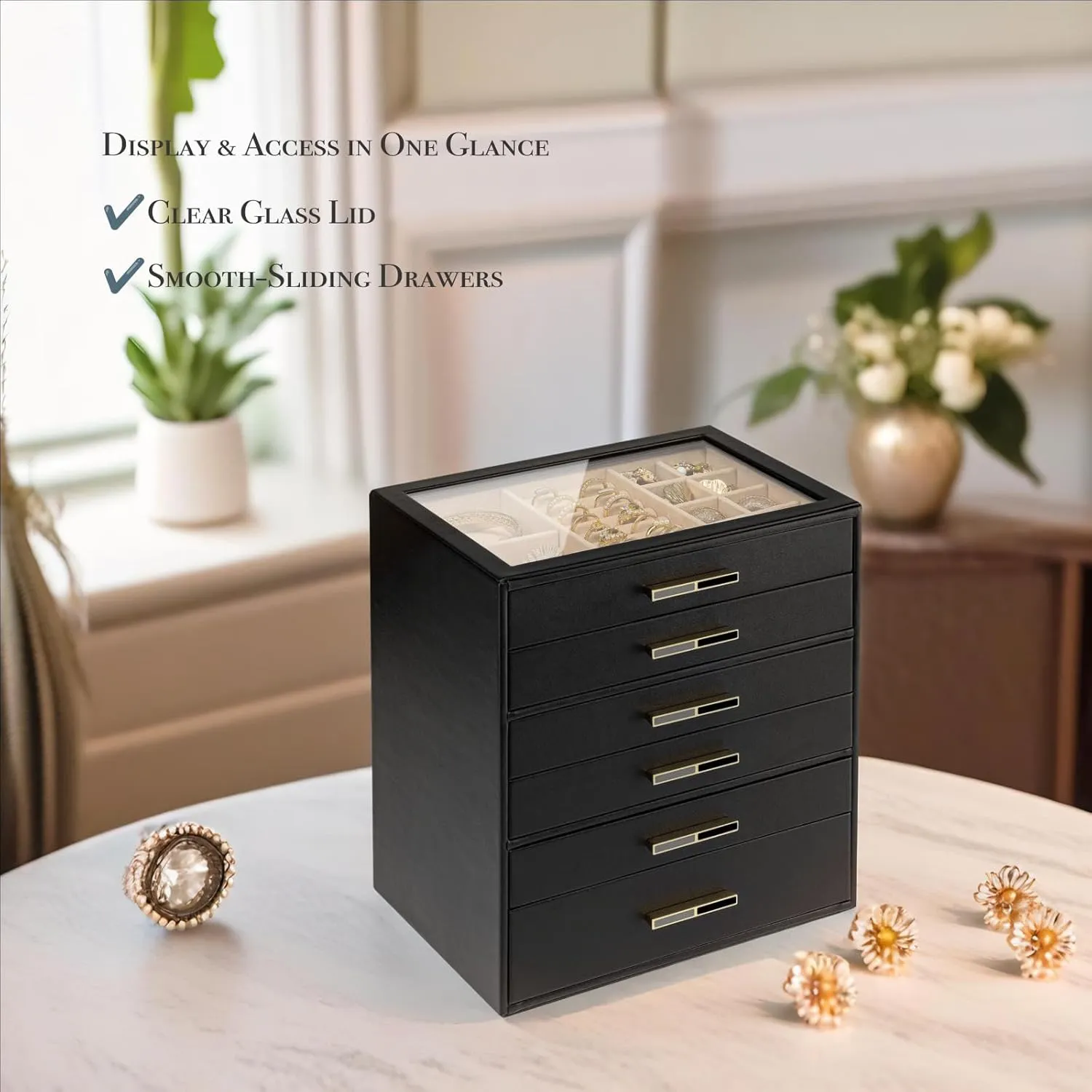 Case for industrious Women Girls or Moms, Black Vlando 6-Drawer Jewelry Box with Glass Lid, Faux Leather Organizer for Rings, Earrings, Necklaces and More, Gift-Ready Jewelry 