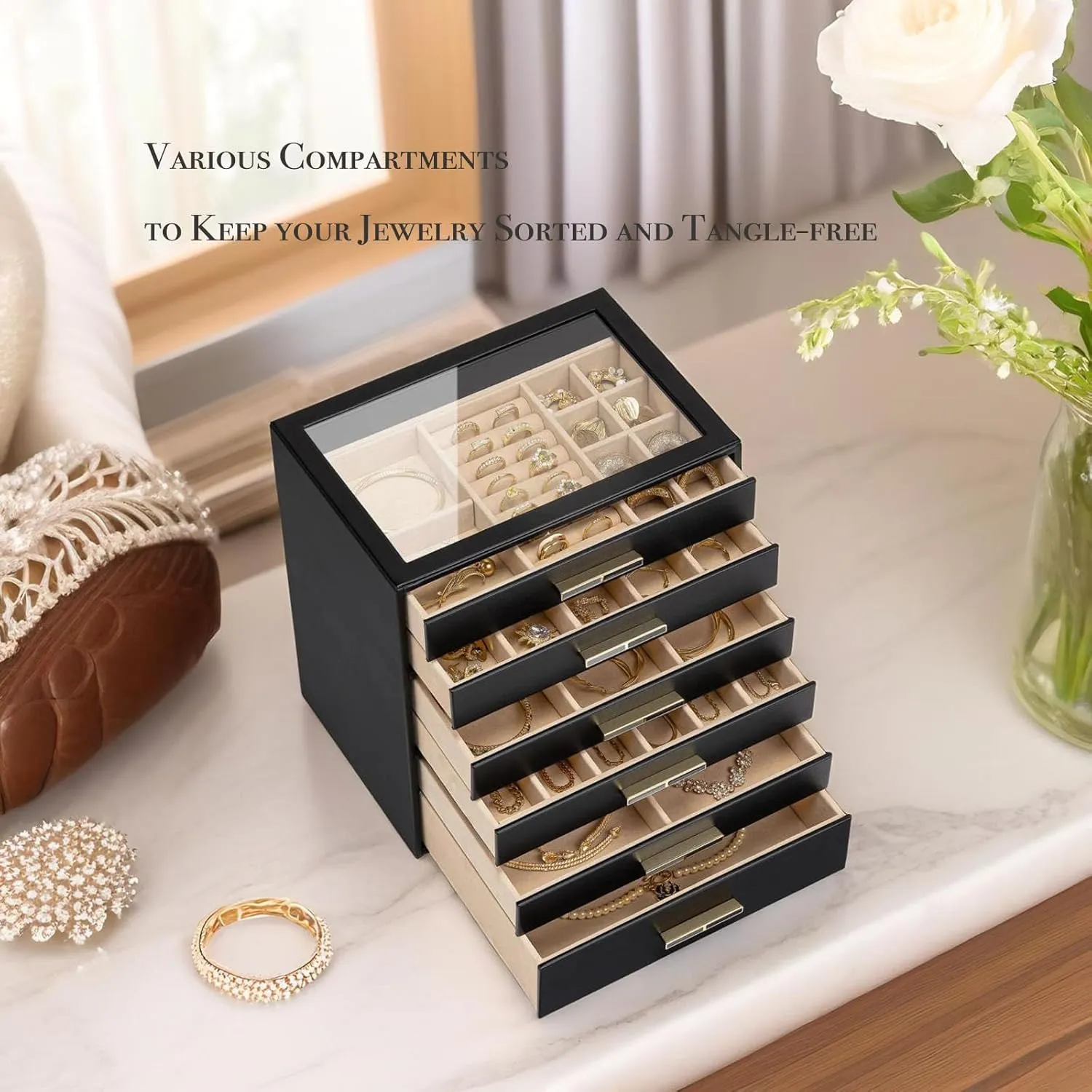Case for industrious Women Girls or Moms, Black Vlando 6-Drawer Jewelry Box with Glass Lid, Faux Leather Organizer for Rings, Earrings, Necklaces and More, Gift-Ready Jewelry 