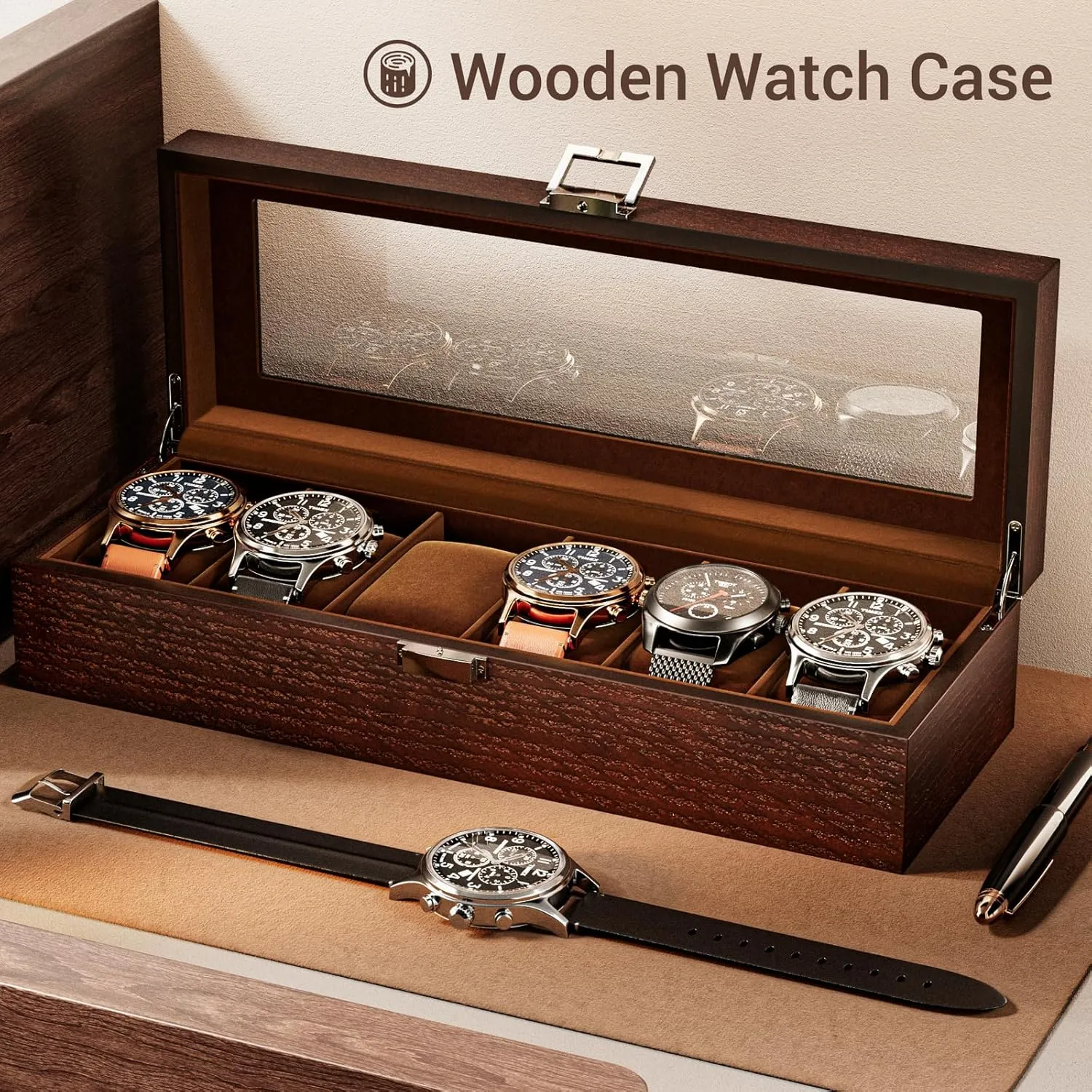 Case for Men Watch Storage, Watch Holder Organizer with Glass Lid -6 Slot, Espresso ProCase Wooden Watch Box aerobics physiological distasteful replica for Men, 6 Slot Watch Display Case Mens Watch Box Organizer, Wood Watch 