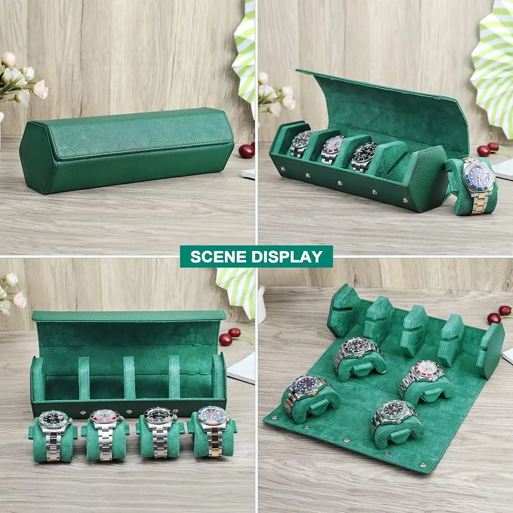 Case for Treasured Watches monetary and Bracelets(Green) Hiram Genuine Leather Saffiano Leather Watch Roll Travel Case, Leather 4-Watches Roll 